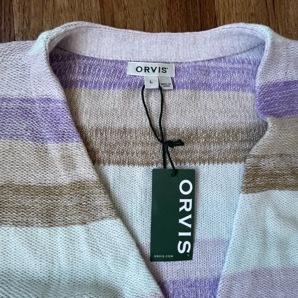 NWT Orvis Linen/Cotton Blend Striped Open Cardigan Women Sz L Purple Boho Casual